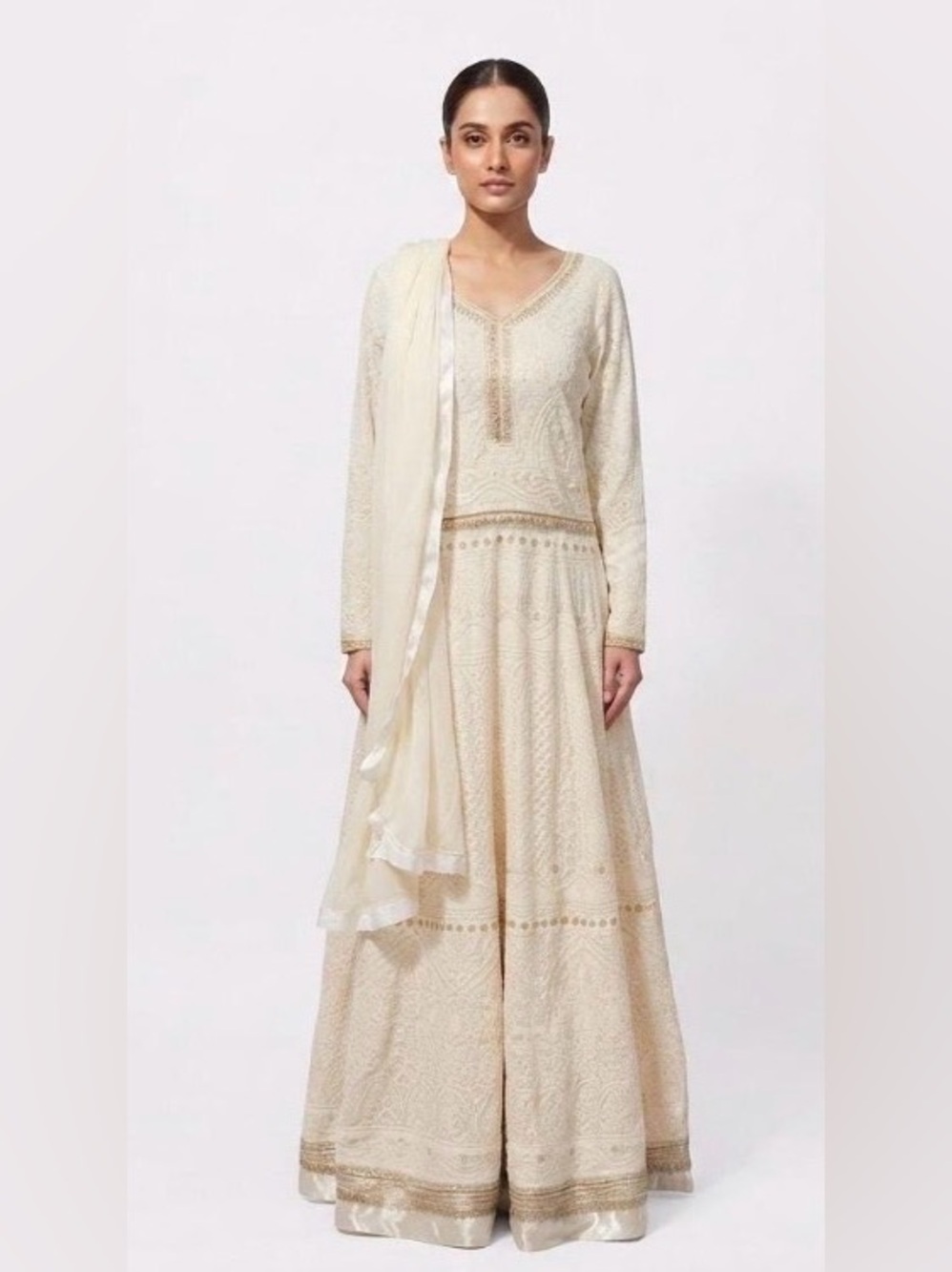 White Georgette Embroidered Anarkali Suit with Lucknowi-style Embroidery